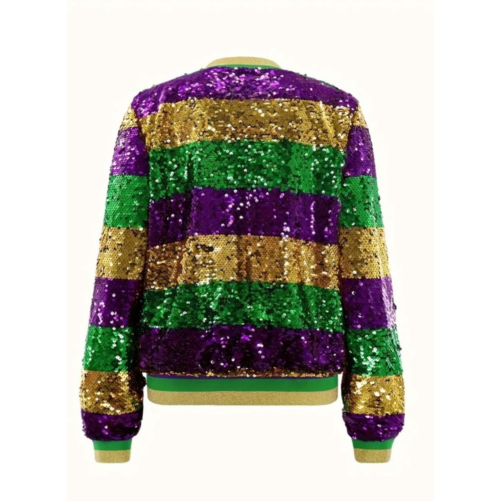 Mardi Gras Sequins Striped Purple, Green and Gold Bomber Jacket - Picture 4 of 7